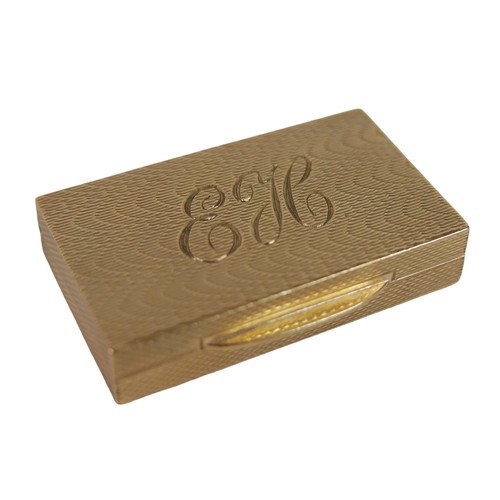 198 - A 9ct gold snuff box, the rectangular hinged box with an engine turned pattern and initials EH to th... 