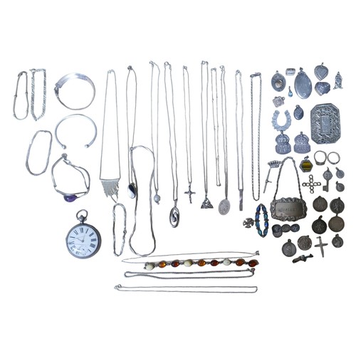 147 - A collection of silver jewellery, including brooches, lockets, necklaces, bracelets, pendants and a ... 