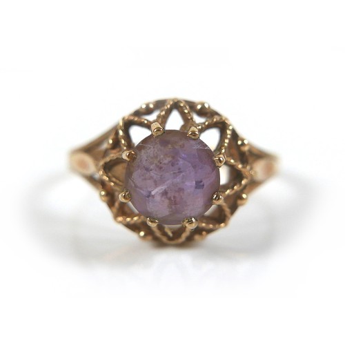 178 - Two 9ct gold dress rings, comprising an amethyst ring with open work crown setting, round cut stone,... 