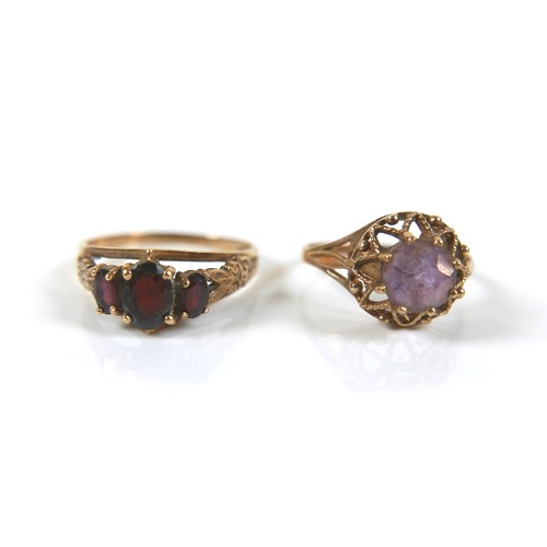 178 - Two 9ct gold dress rings, comprising an amethyst ring with open work crown setting, round cut stone,... 