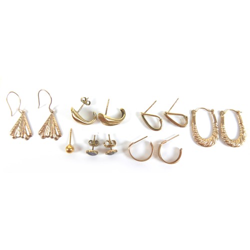 149 - A collection of gold and yellow metal earrings, comprising a pair of diamond clip earrings, 1.6g, 1.... 