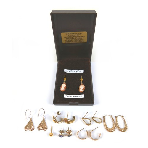 149 - A collection of gold and yellow metal earrings, comprising a pair of diamond clip earrings, 1.6g, 1.... 