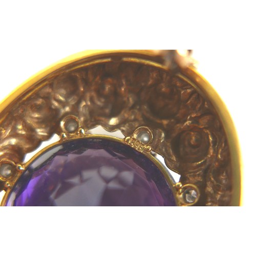 203 - A Victorian amethyst, diamond, and 14ct yellow gold brooch, of oval form set centrally with a circul... 