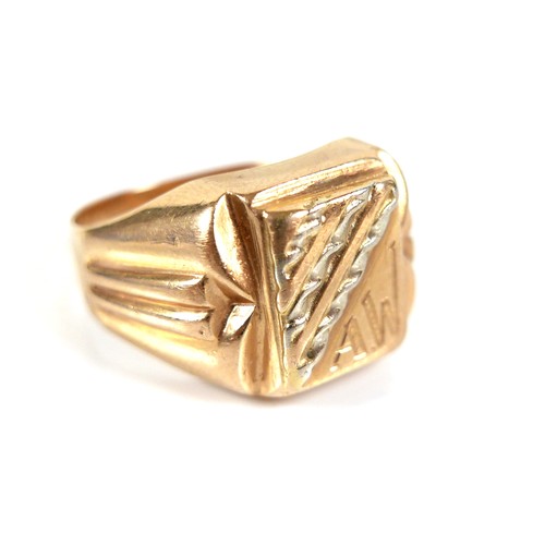 175 - An 18ct gold fancy signet ring, with initials 'AW' engraved, size Q/R, 8.2g.