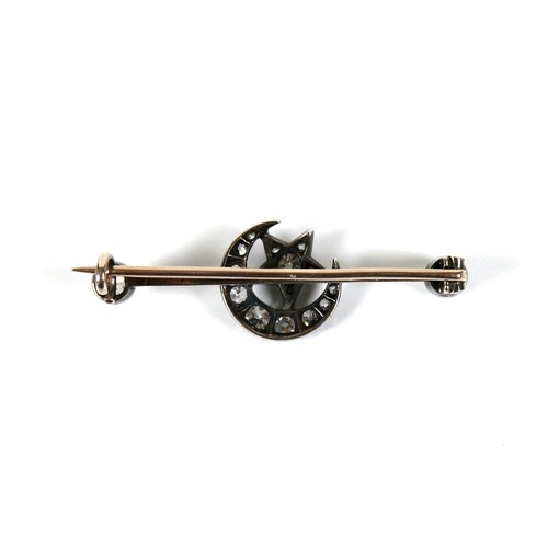 194 - A Victorian yellow gold and silver mounted diamond bar brooch, formed as a crescent moon and star, t... 