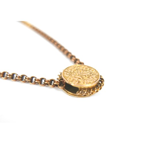 171 - A 9ct gold chain with yellow metal disc circular form pendant, necklace 42cm long, 10.9g overall.