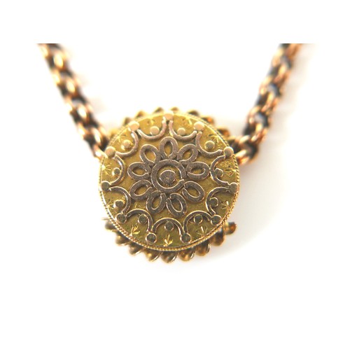 171 - A 9ct gold chain with yellow metal disc circular form pendant, necklace 42cm long, 10.9g overall.