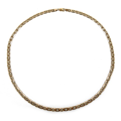 206 - A 9ct gold flat mariner link chain necklace, 6.0mm wide, 60cm long, 33.5g.