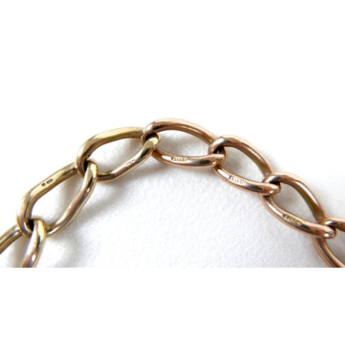 199 - A 9ct rose and yellow gold curb link bracelet, hallmarked to each link, 0.9 by 22cm long, 31.5g.