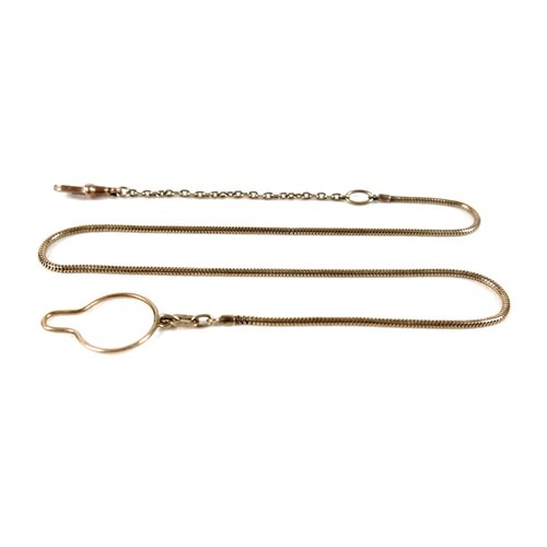 184 - A 9ct yellow gold snake link fob chain, loop on end, possibly shaped for fitting over a button, and ... 