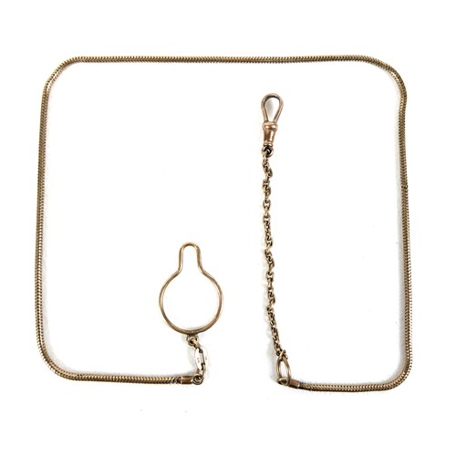 184 - A 9ct yellow gold snake link fob chain, loop on end, possibly shaped for fitting over a button, and ... 