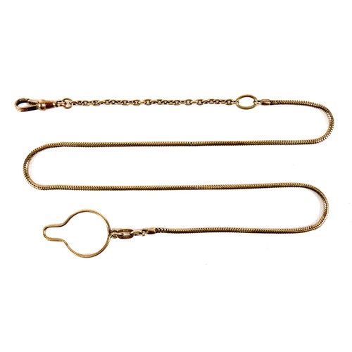 184 - A 9ct yellow gold snake link fob chain, loop on end, possibly shaped for fitting over a button, and ... 