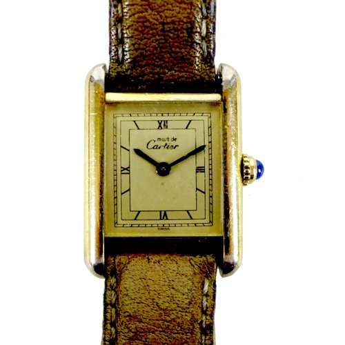 104 - A vintage Must de Cartier lady's tank wristwatch, model 3 66001, silver gilt rectangular case with s... 