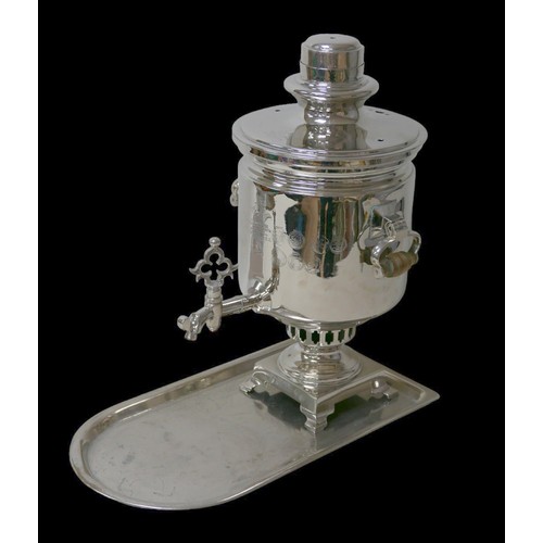 2 - A late 19th/early 20th century silver plated Samovar, 26 by 34 by 45cm high, and a tray, 44.5 by 24.... 