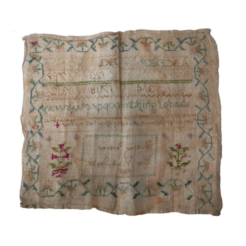 21 - A George IV textile sampler, by Esther Reeves and dated 1828, 26 by 28cm, unframed and folded.