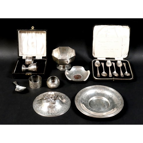 65 - A collection of Georgian and later silver, including a George III caddy spoon, rubbed hallmarks, pos... 