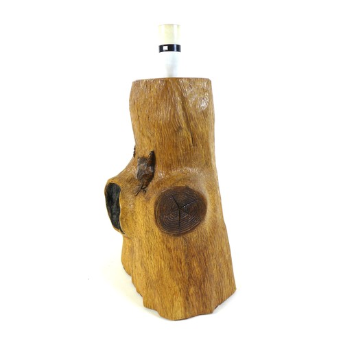 71 - A Wren Craftsman Sherwood oak table lamp, modelled as a tree stump with carved wren and spider signa... 