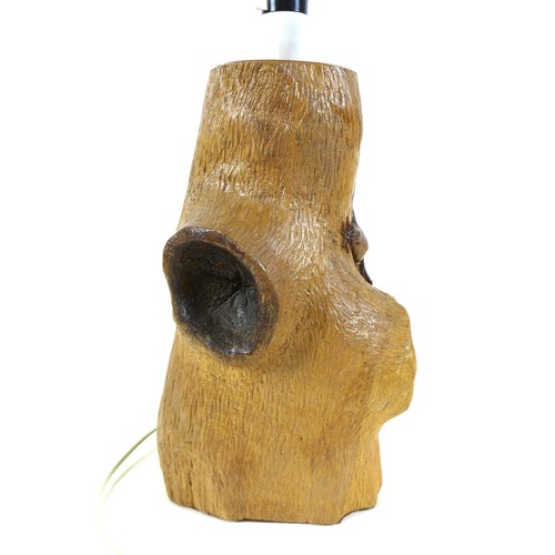 71 - A Wren Craftsman Sherwood oak table lamp, modelled as a tree stump with carved wren and spider signa... 