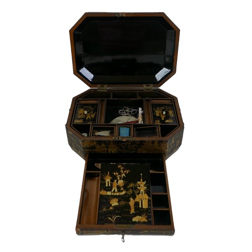 74 - A 19th century Chinoiserie sewing box, fitted interior containing various sewing pieces of sewing eq... 