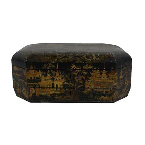 74 - A 19th century Chinoiserie sewing box, fitted interior containing various sewing pieces of sewing eq... 