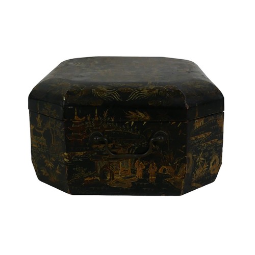 74 - A 19th century Chinoiserie sewing box, fitted interior containing various sewing pieces of sewing eq... 