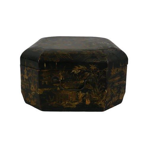 74 - A 19th century Chinoiserie sewing box, fitted interior containing various sewing pieces of sewing eq... 