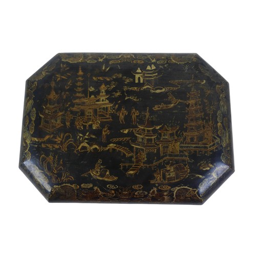 74 - A 19th century Chinoiserie sewing box, fitted interior containing various sewing pieces of sewing eq... 