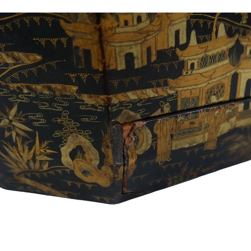 74 - A 19th century Chinoiserie sewing box, fitted interior containing various sewing pieces of sewing eq... 