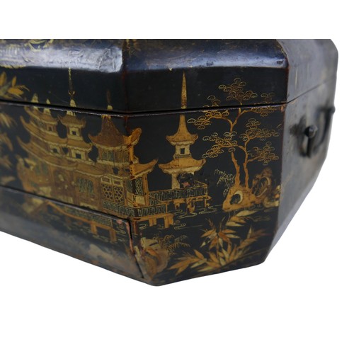 74 - A 19th century Chinoiserie sewing box, fitted interior containing various sewing pieces of sewing eq... 