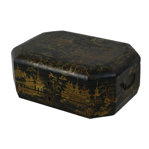 74 - A 19th century Chinoiserie sewing box, fitted interior containing various sewing pieces of sewing eq... 