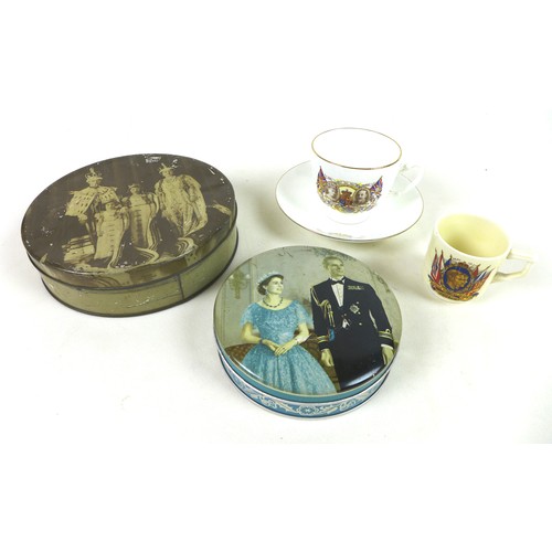 98 - Royal memorabilia: A George VI and Queen Elizabeth coronation tin, with removable pin badge, 12.5 by... 