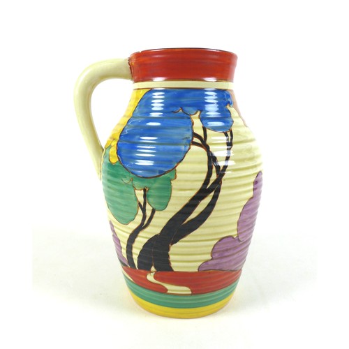 69 - A Clarice Cliff 'Blue Autumn' Isis jug, single handled, circa 1930, with Bizarre Fantasque marks, 29... 