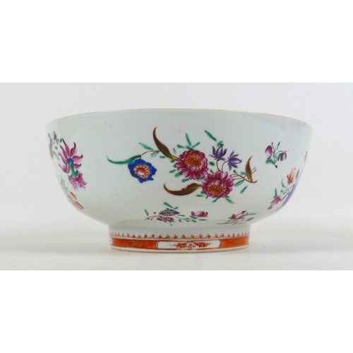 65 - An 18th century Chinese porcelain bowl, enamelled floral decoration, a/f hairline to base and small ... 