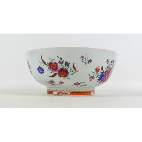 65 - An 18th century Chinese porcelain bowl, enamelled floral decoration, a/f hairline to base and small ... 