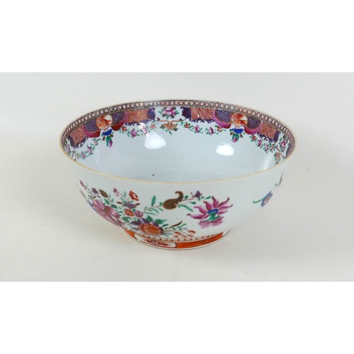 65 - An 18th century Chinese porcelain bowl, enamelled floral decoration, a/f hairline to base and small ... 