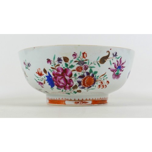 65 - An 18th century Chinese porcelain bowl, enamelled floral decoration, a/f hairline to base and small ... 