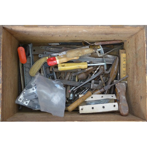 70 - A small group of hand tools, in wooden tool box, 45 by 30 by 27cm high, together with a brass window... 