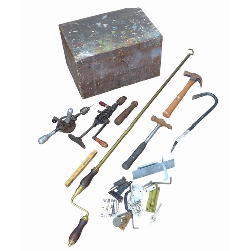 70 - A small group of hand tools, in wooden tool box, 45 by 30 by 27cm high, together with a brass window... 