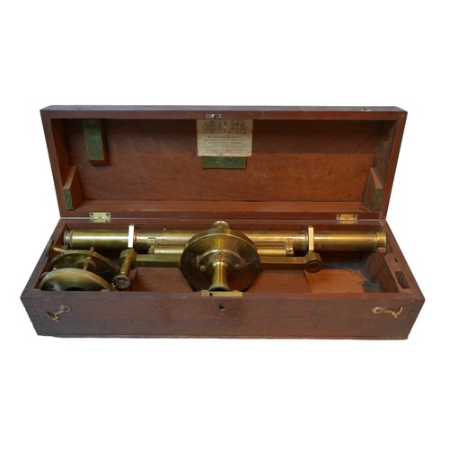 116 - A 19th century Watkins & Hill brass theodolite, 54cm long, with turtle shell cased loupe, wooden fit... 