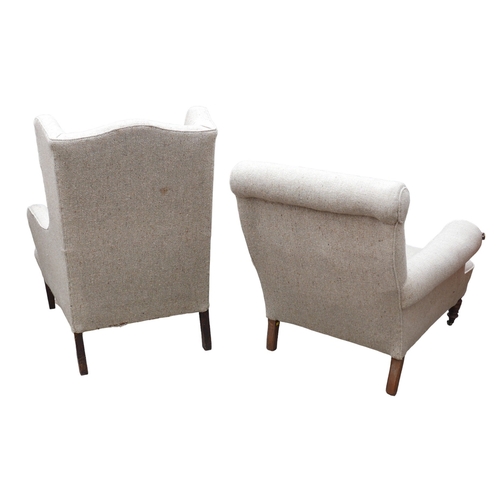 374 - Two armchairs, both covered in oatmeal coloured tweed fabric, one with wing back and tapering square... 