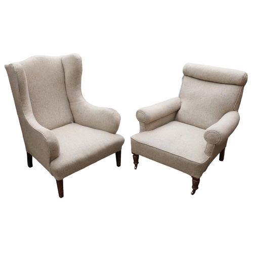 374 - Two armchairs, both covered in oatmeal coloured tweed fabric, one with wing back and tapering square... 