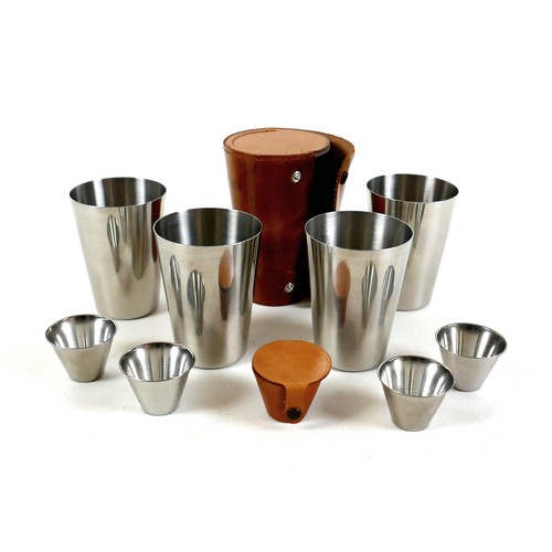 92 - Two stainless steel sets of hunting stirrup cups, four large, each 13cm high, and four small, each 3... 