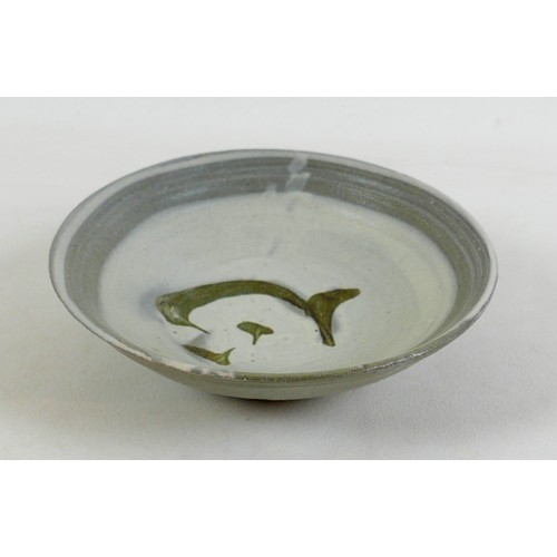 66 - A Bernard Leach studio pottery bowl, decorated in grey, dark moss green, and white glaze, impressed ... 