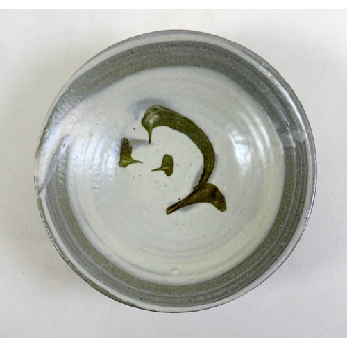 66 - A Bernard Leach studio pottery bowl, decorated in grey, dark moss green, and white glaze, impressed ... 