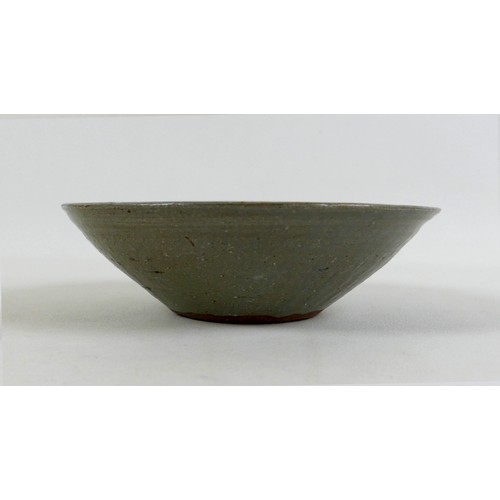 66 - A Bernard Leach studio pottery bowl, decorated in grey, dark moss green, and white glaze, impressed ... 