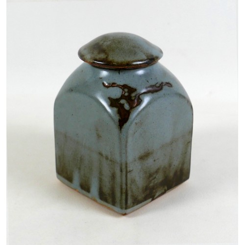 67 - A Bernard Leach studio pottery tea caddy and cover, decorated in slate blue, grey, and brown glaze, ... 