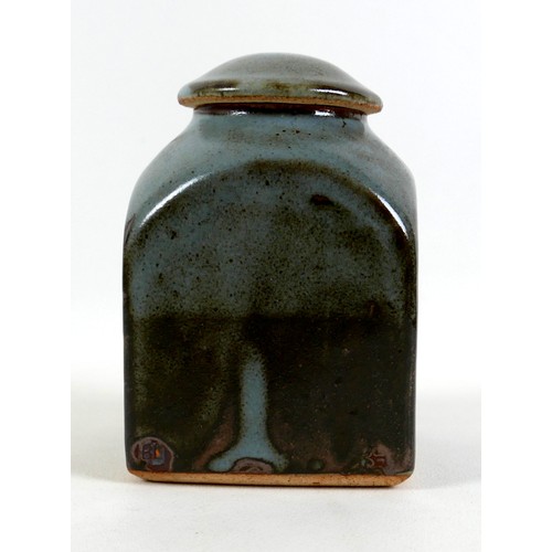 67 - A Bernard Leach studio pottery tea caddy and cover, decorated in slate blue, grey, and brown glaze, ... 