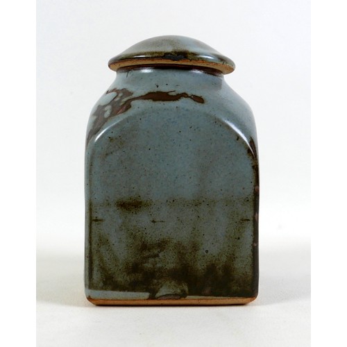 67 - A Bernard Leach studio pottery tea caddy and cover, decorated in slate blue, grey, and brown glaze, ... 