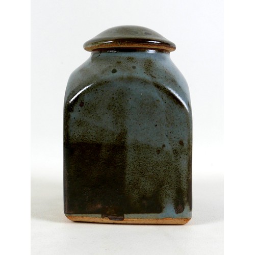 67 - A Bernard Leach studio pottery tea caddy and cover, decorated in slate blue, grey, and brown glaze, ... 