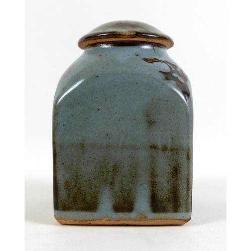 67 - A Bernard Leach studio pottery tea caddy and cover, decorated in slate blue, grey, and brown glaze, ... 